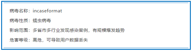 蠕蟲(chóng)病毒 incaseformat 在國(guó)內(nèi)肆虐，可導(dǎo)致用戶數(shù)據(jù)丟失，眾多行業(yè)用戶受影響1